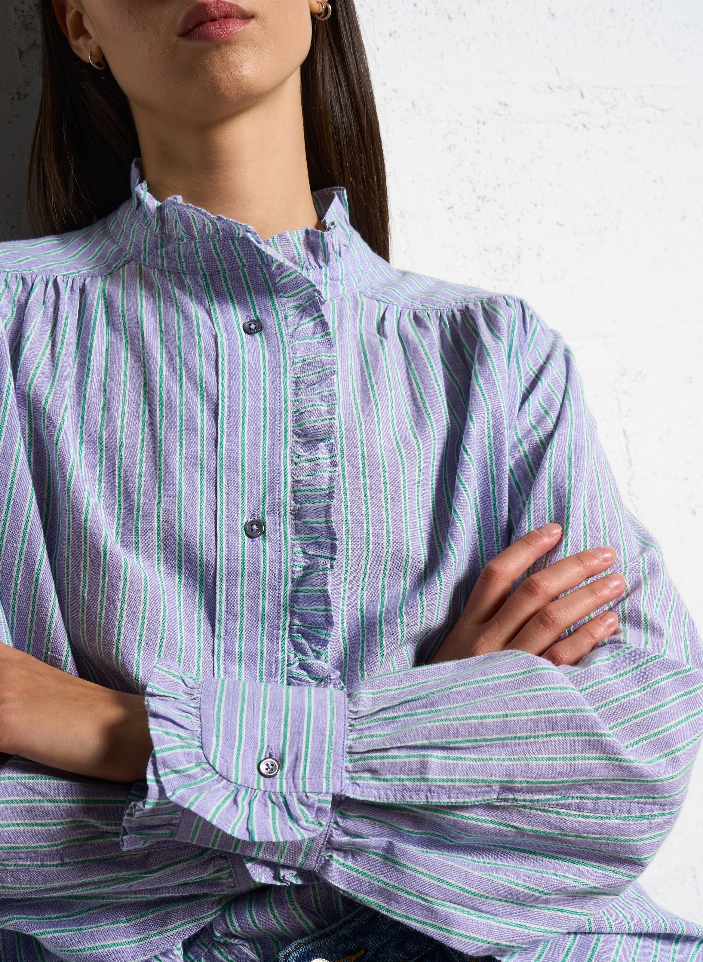 BELLEROSE CLAUDIA - Camisa de cuello redondo recto de algodón a rayas en azul