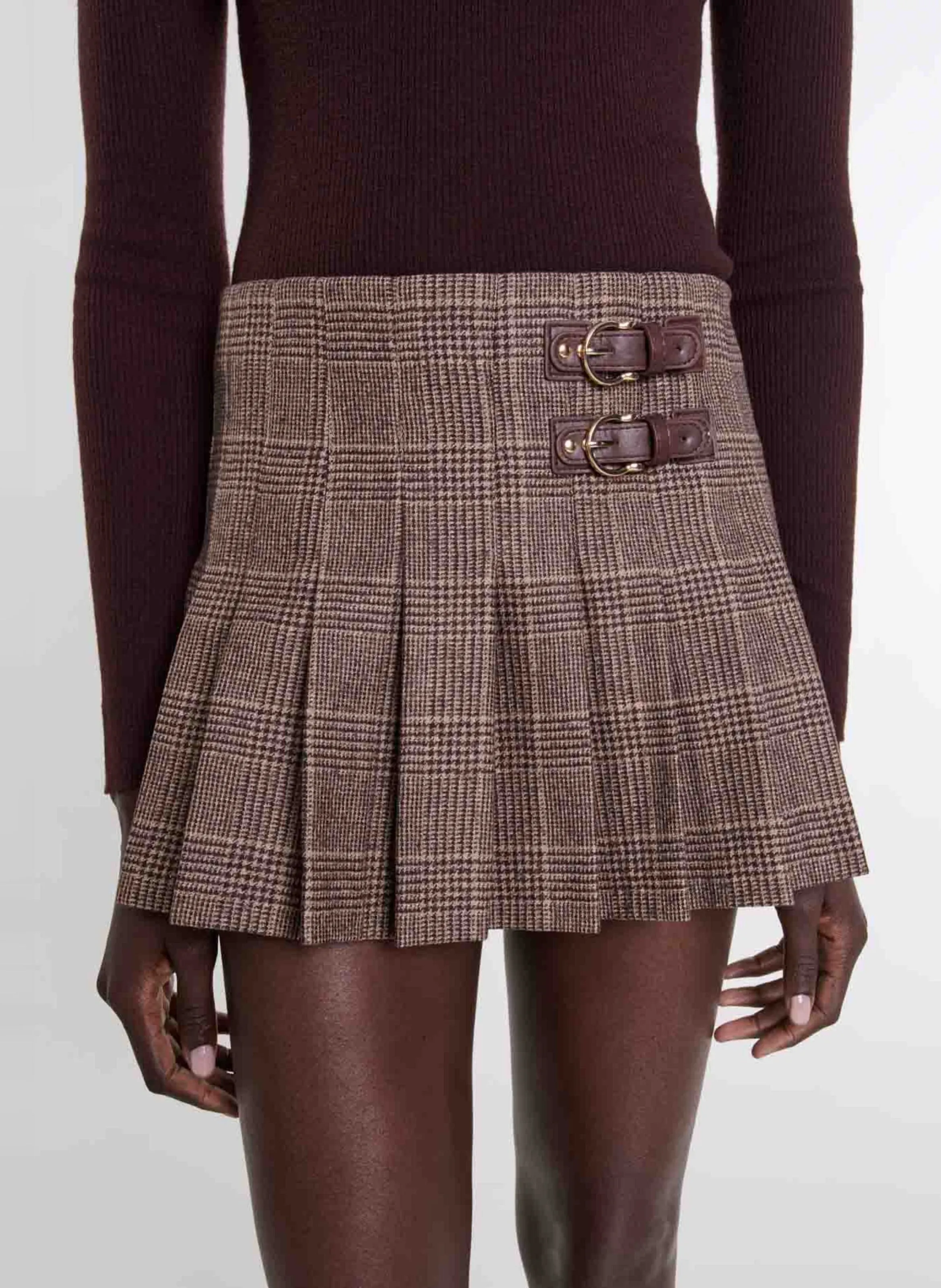 MAJE Falda evasé de cuadros en marron