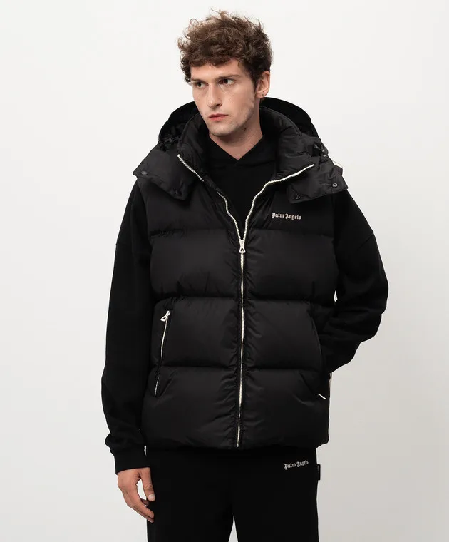 Palm Angels Black down vest with logo embroidery